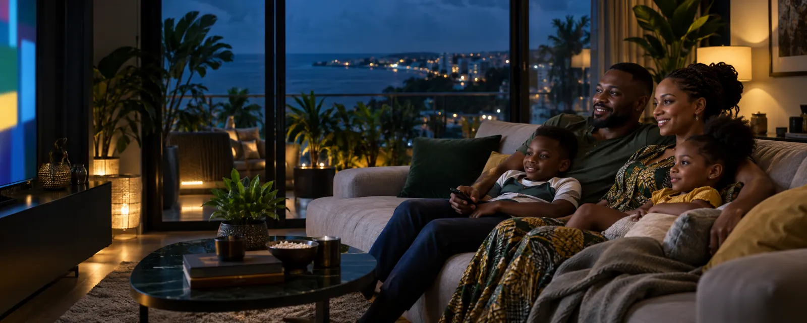 Famille gabonaise regardant la télévision dans un salon à Libreville
