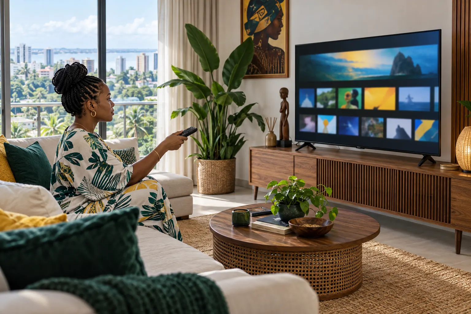 Une Gabonaise configure une application sur une Smart TV dans son salon à Libreville